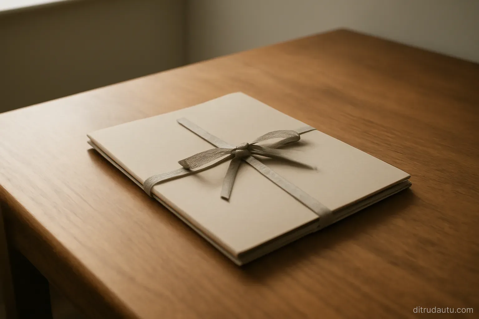 a closed paper folder tied with a fabric ribbon resting alone on an otherwise empty wooden desk in daylight