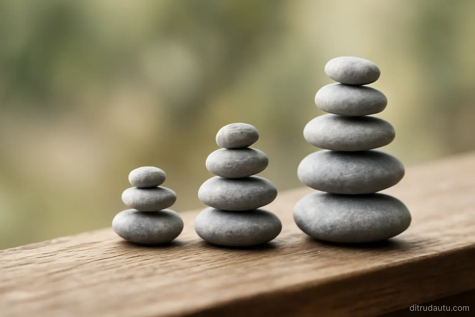 three stacks of small stones of increasing height lined up along the edge of a flat wooden surface