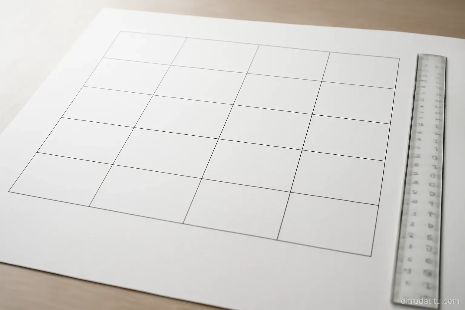 a blank comparison grid drawn on large paper with seven horizontal rows and two empty columns, ruler alongside