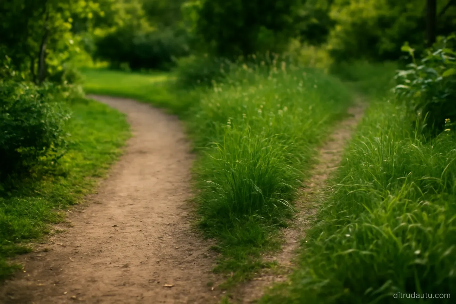 a garden path that forks in two with one branch well trodden bare and the other overgrown with tall grass
