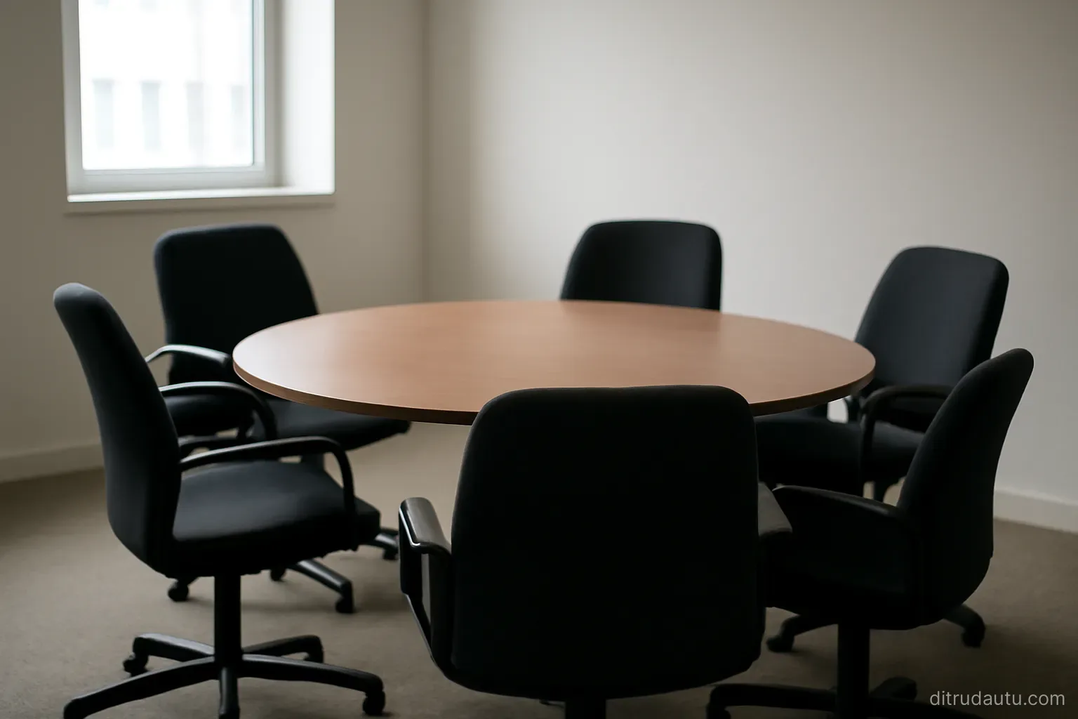 five empty chairs arranged around a round table in a bare meeting room with one chair turned to face outward