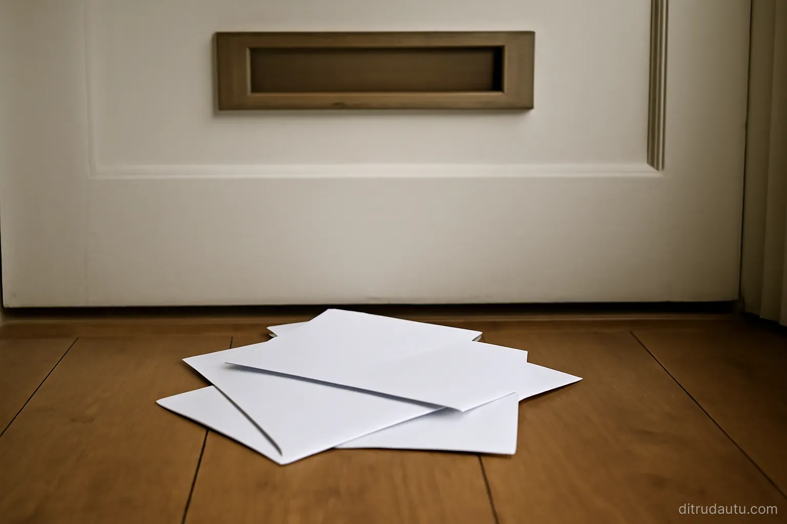 a scattered stack of unopened envelopes lying on a hallway floor beneath a letterbox slot in a closed door