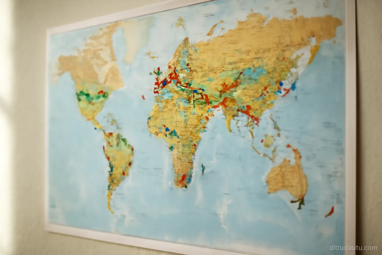 a world map poster on a wall with many small pins stuck into it in no discernible pattern