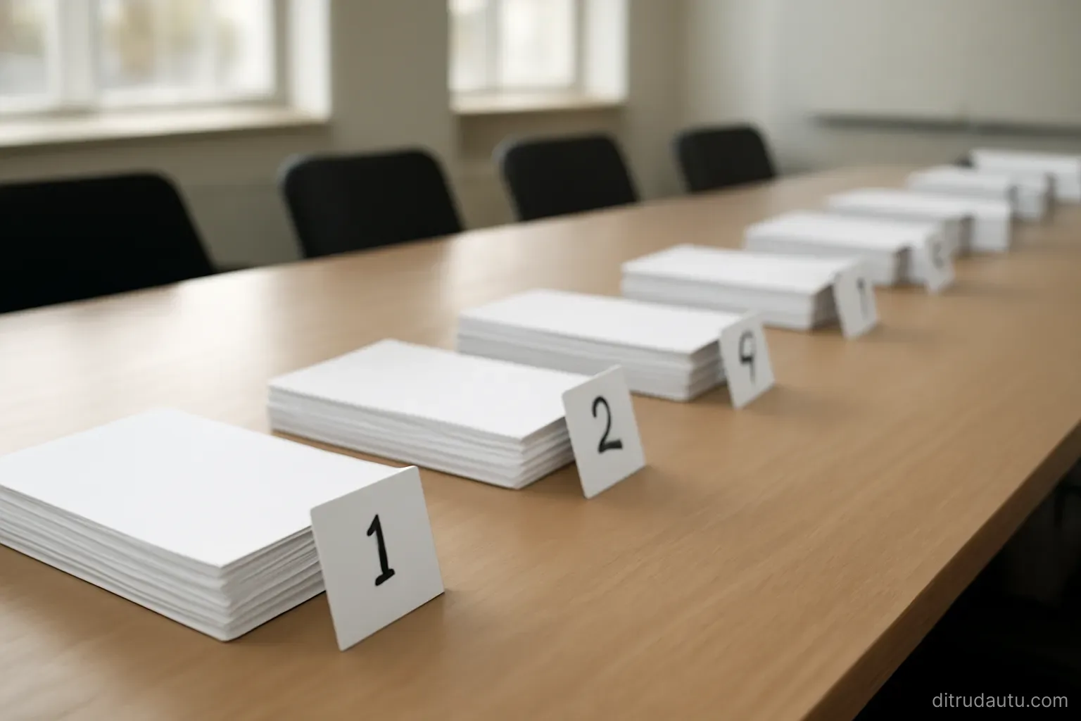 a long table with document piles arranged in a numbered sequence from left to right, all pages blank
