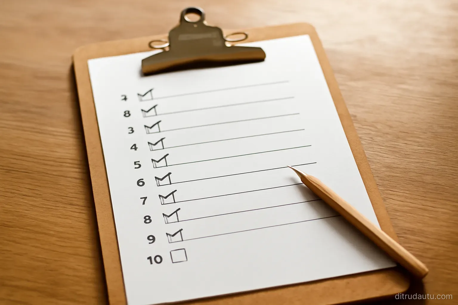 a numbered checklist on a wooden clipboard with most boxes ticked in pencil and two left empty near the bottom