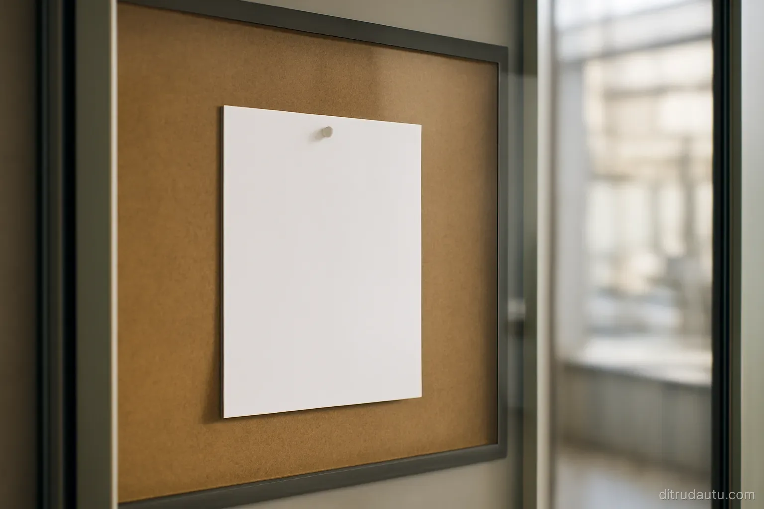 a noticeboard behind glass in a public building with a single blank white sheet pinned in the centre of it