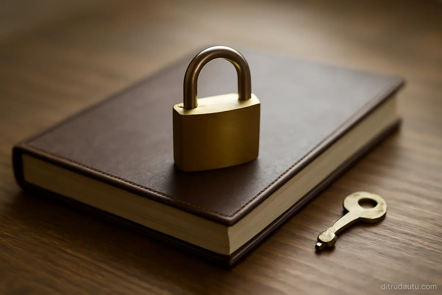 a padlock resting on a closed ledger book on a desk with a small brass key lying beside it