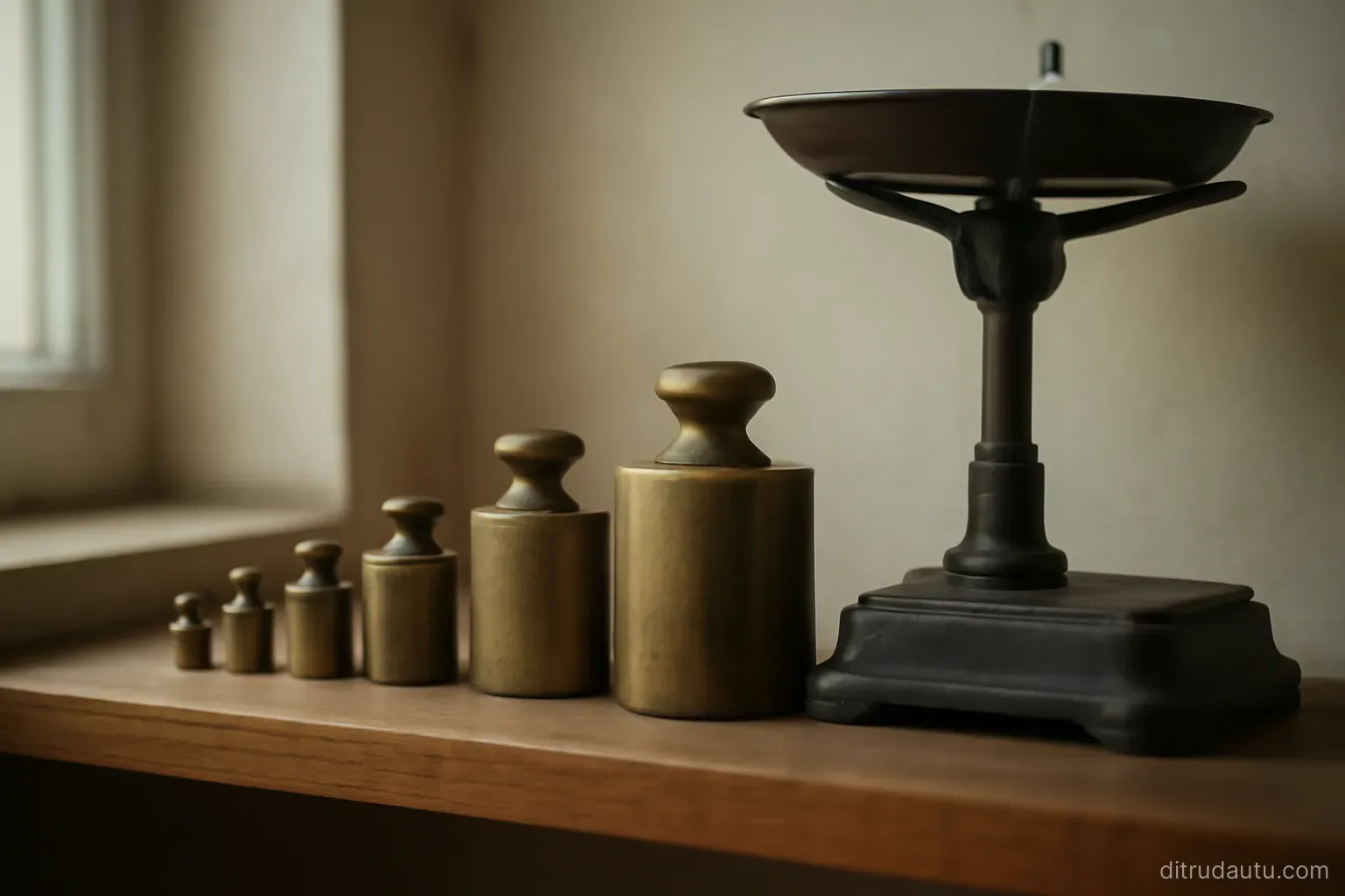 a set of brass weights of graded sizes arranged in order on a shelf beside a balance beam