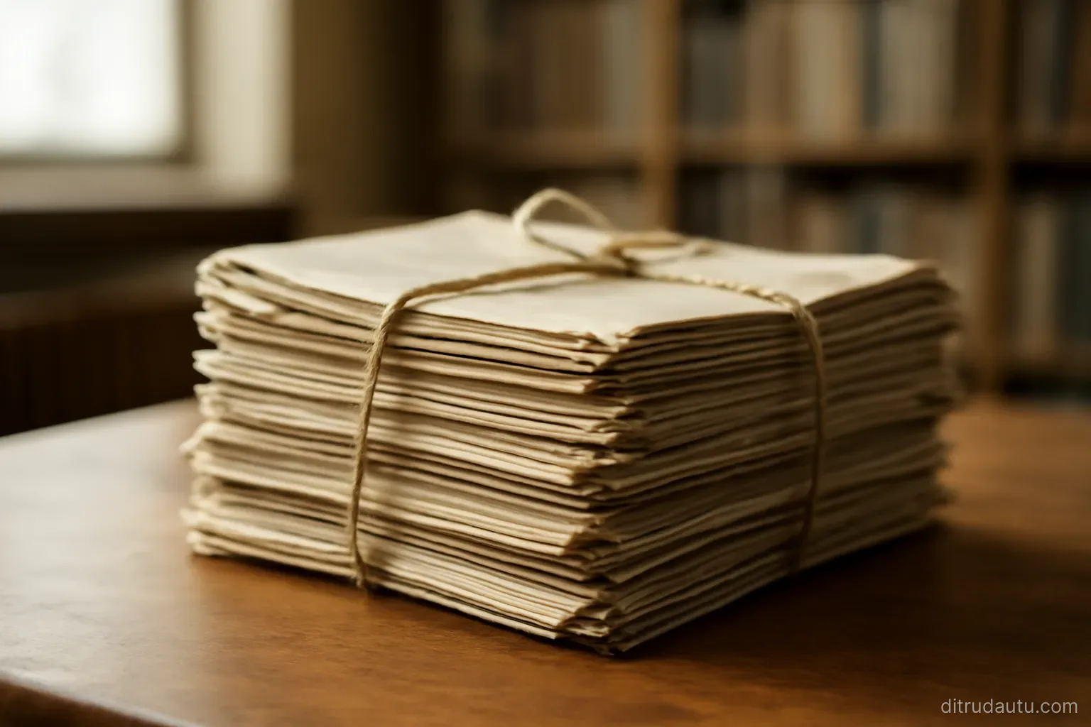 a thick stack of archived paper documents with dog eared corners tied together with string on a library table