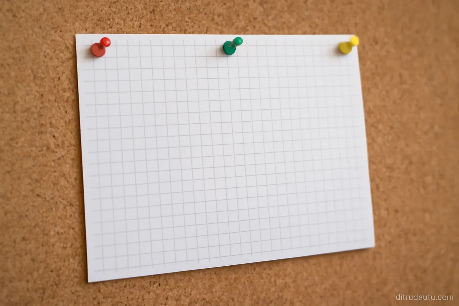 a printed grid pinned to a corkboard with three rows marked by small coloured pins and no legible text