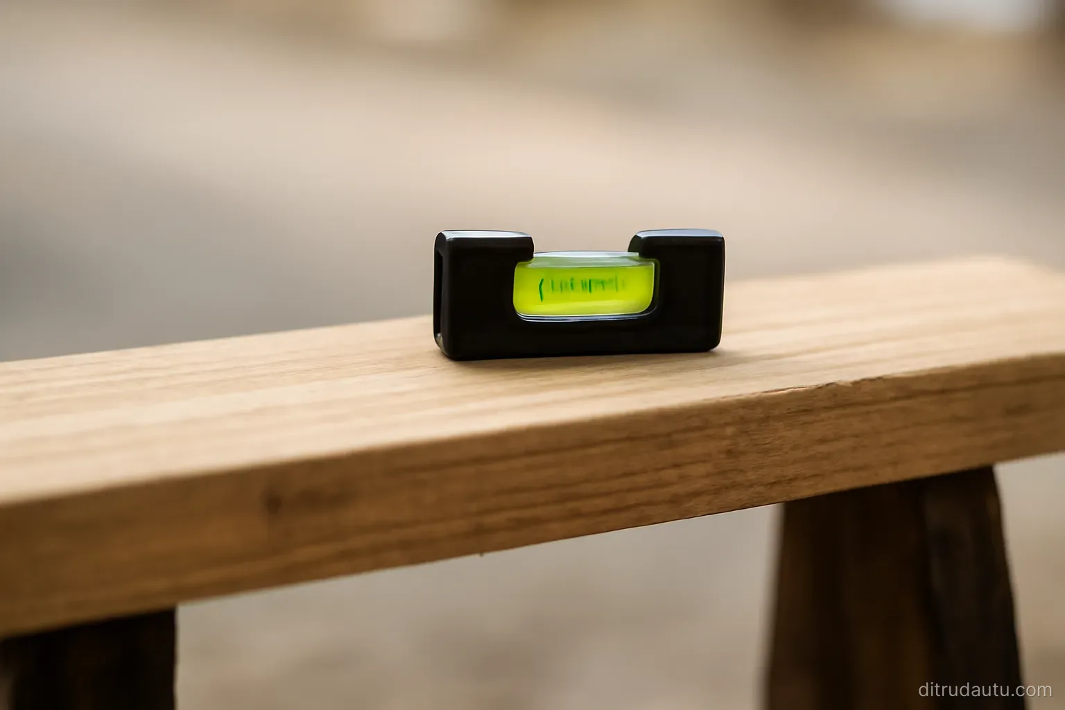 a small spirit level with its bubble centred resting on a flat wooden plank laid across two supports