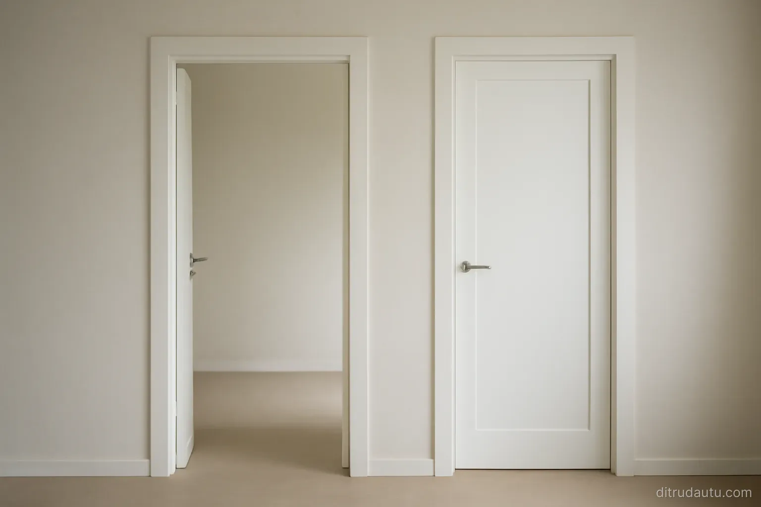 two doorways side by side in a plain wall, one standing open and the other closed, even daylight