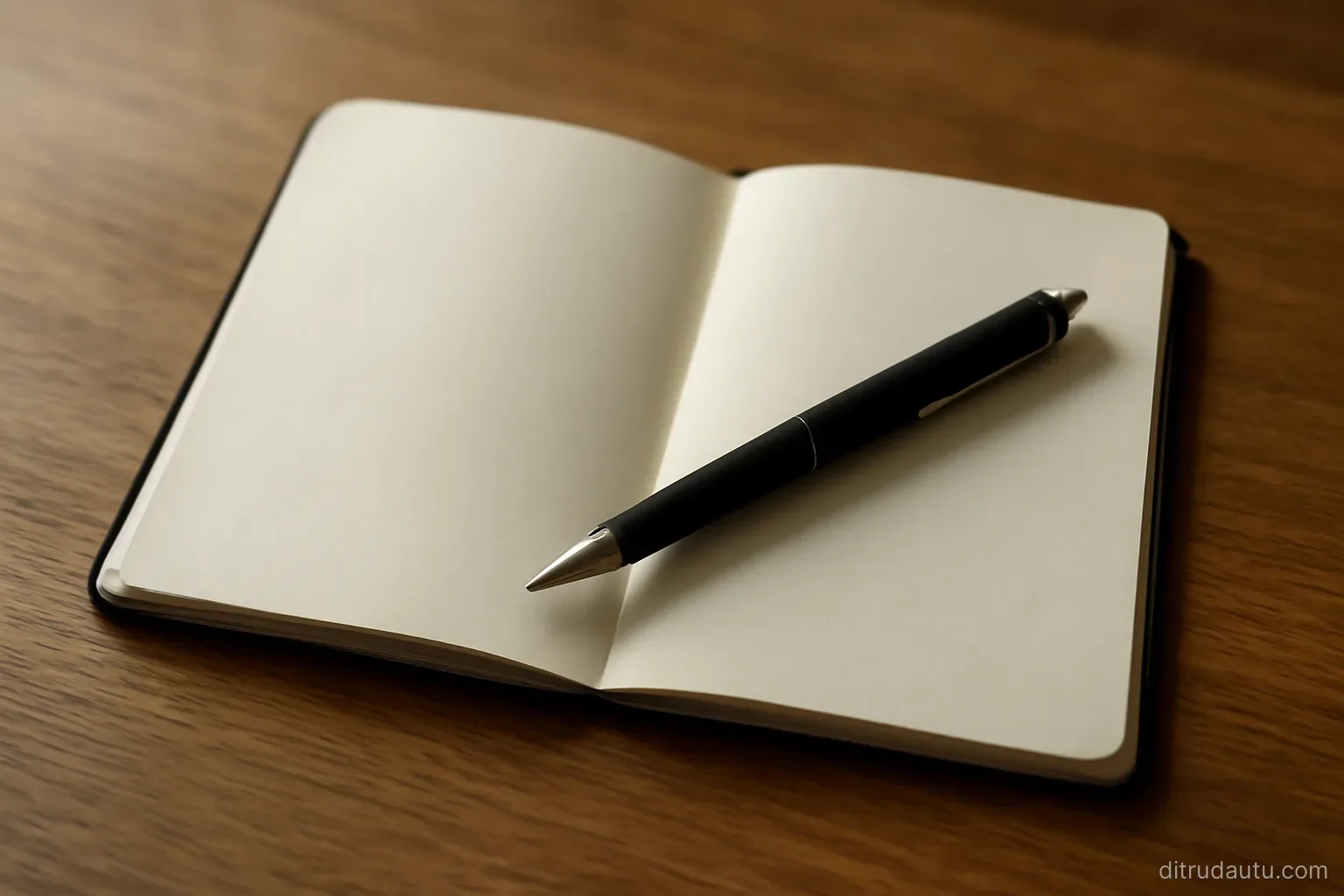 a passport lying open on a wooden table with completely blank pages showing and a pen resting across the spine