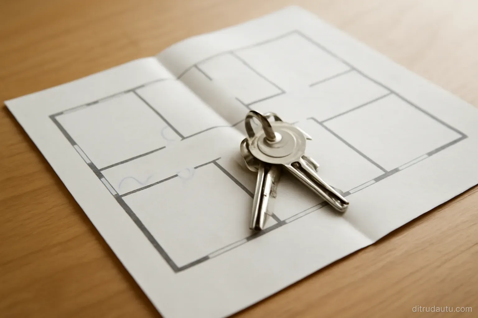 a set of house keys resting on a folded property floor plan spread open across a plain wooden table