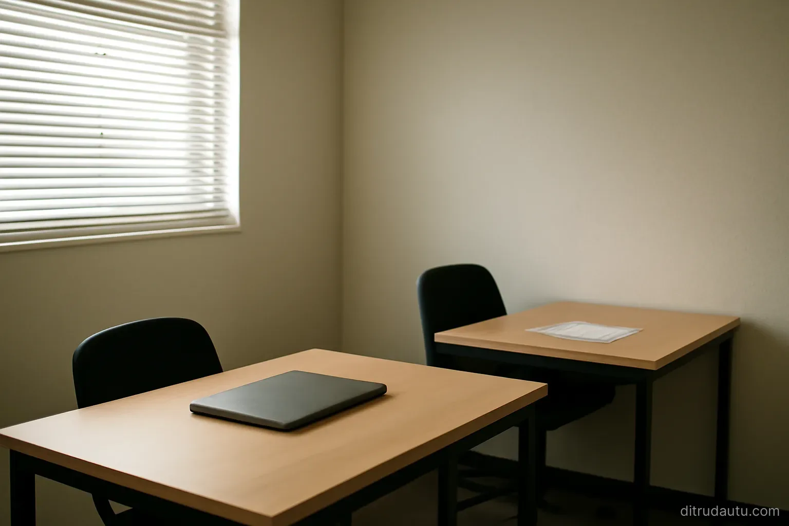 an empty small office with two desks, bare walls and a closed laptop, morning light through the blinds