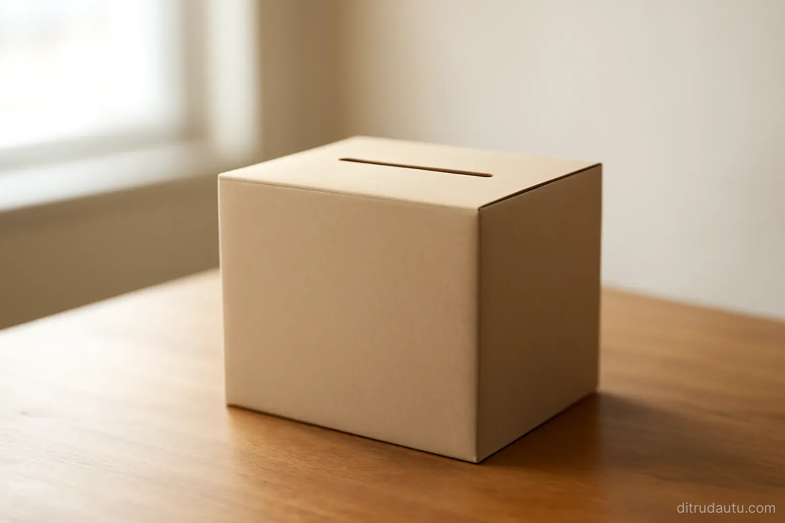 a plain sealed donation box on a wooden counter with a single slot on top, soft daylight from one side