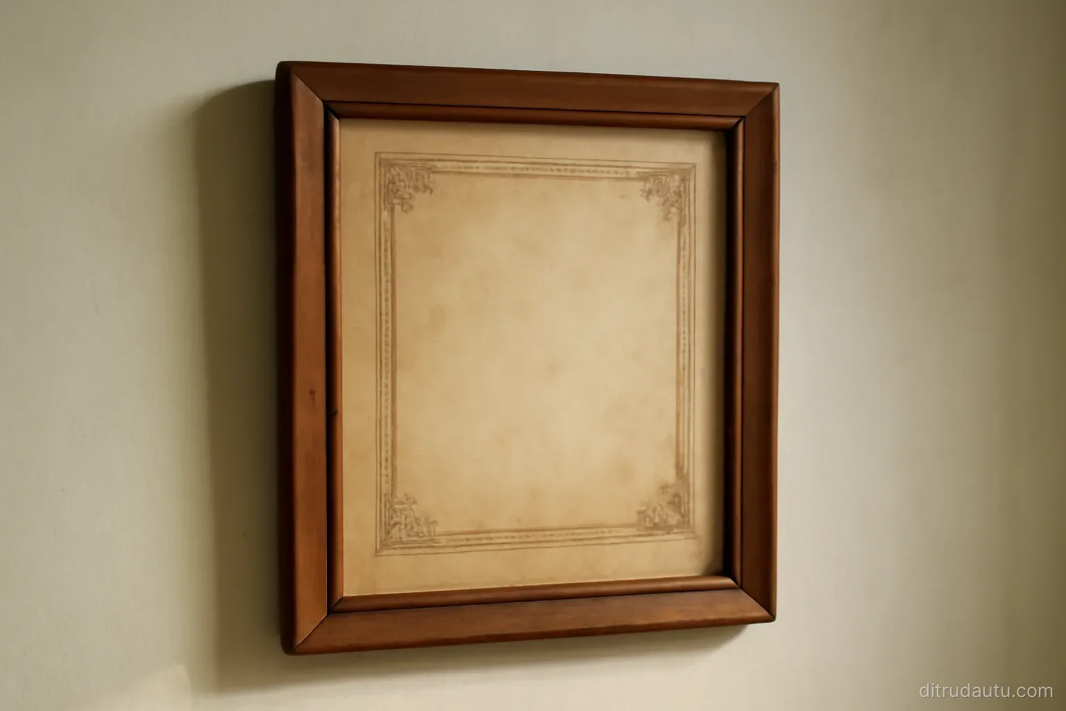 an old certificate in a plain wooden frame hanging slightly crooked on a pale wall, with no text legible on it