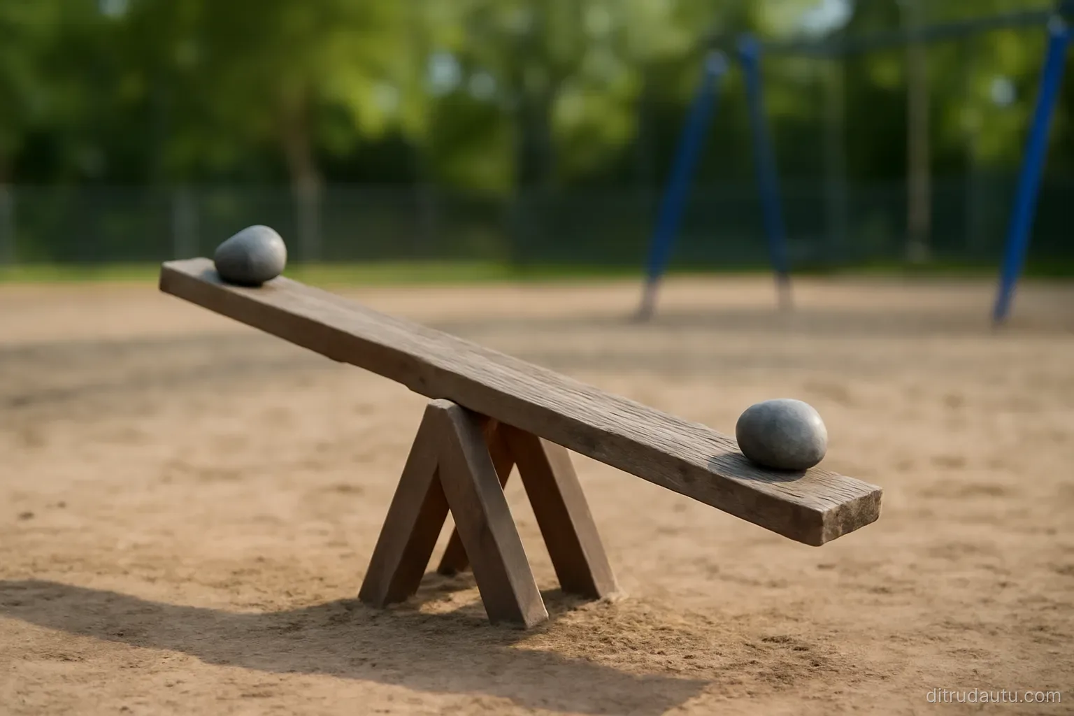a wooden seesaw resting level on an empty playground with a small grey stone placed at each end
