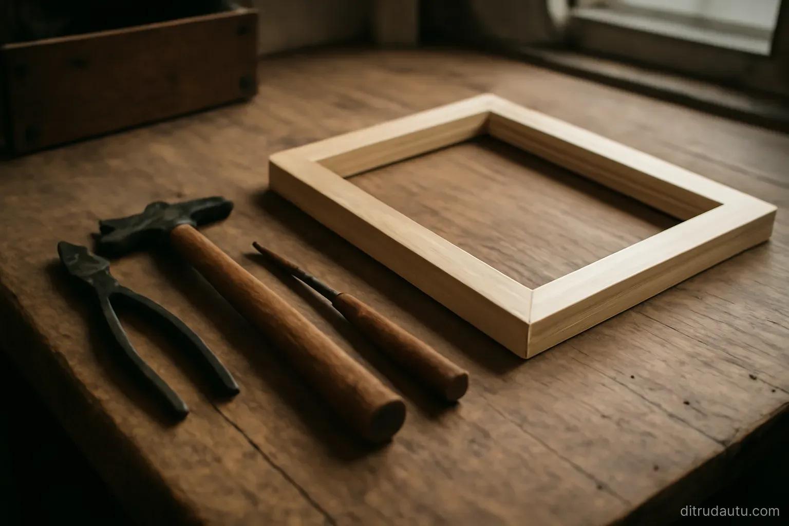 a workbench with a few hand tools laid out neatly and an unfinished wooden frame resting on it