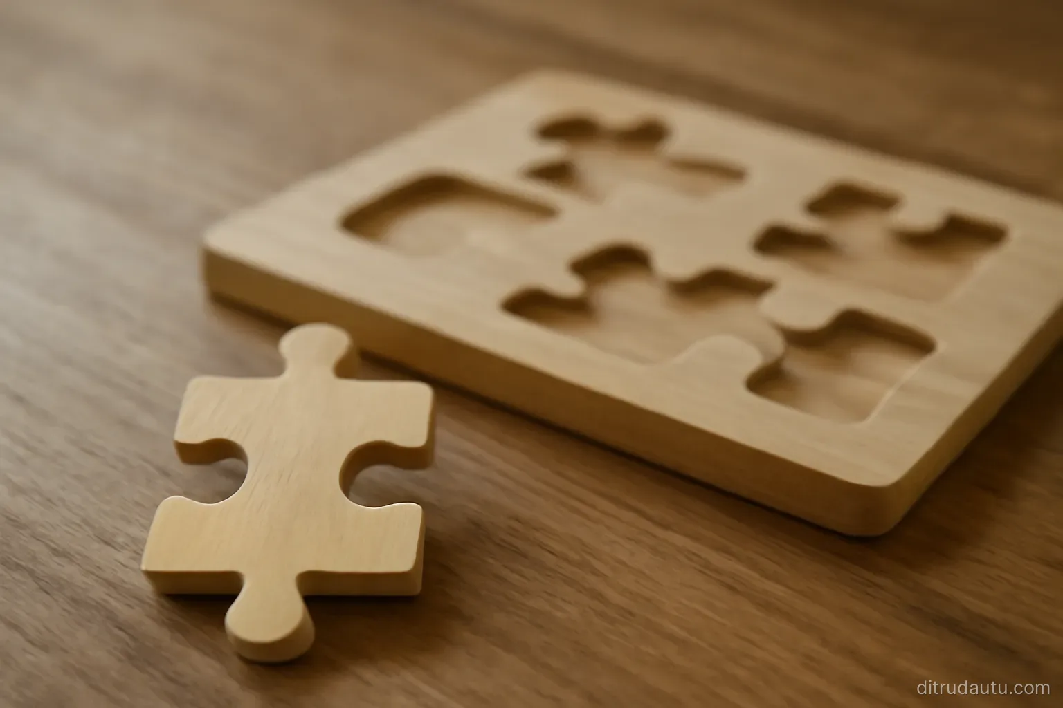 a single wooden puzzle piece sitting on a table beside a flat board with several differently shaped empty slots