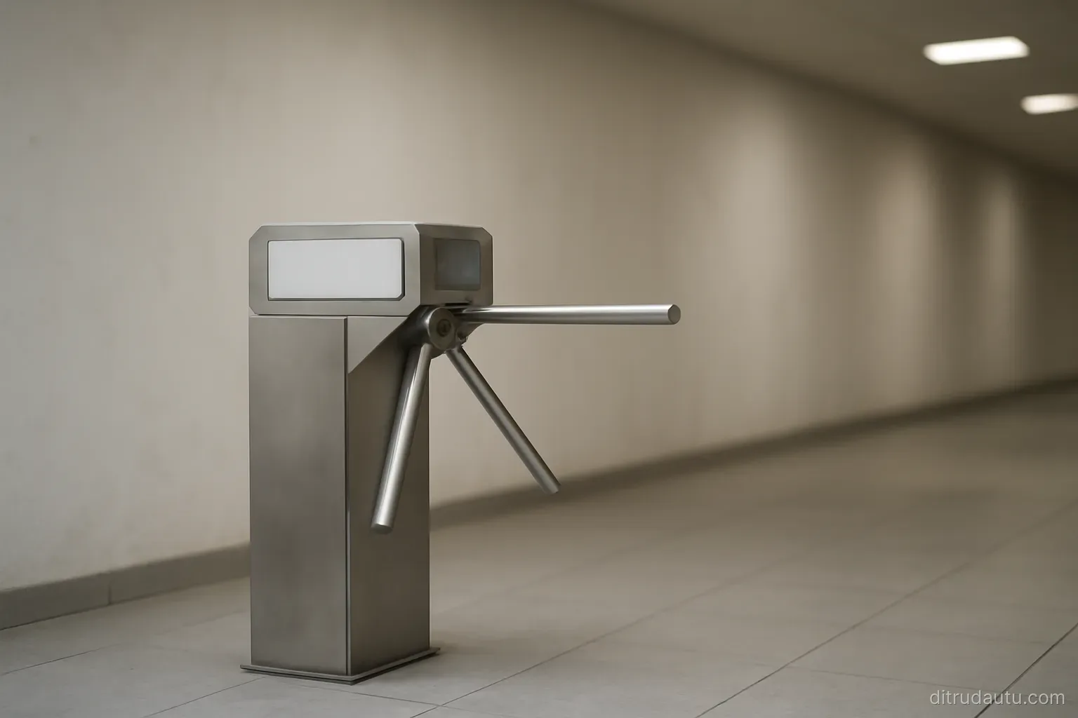 a one way turnstile in an empty passage with a bare wall behind it and even overhead lighting