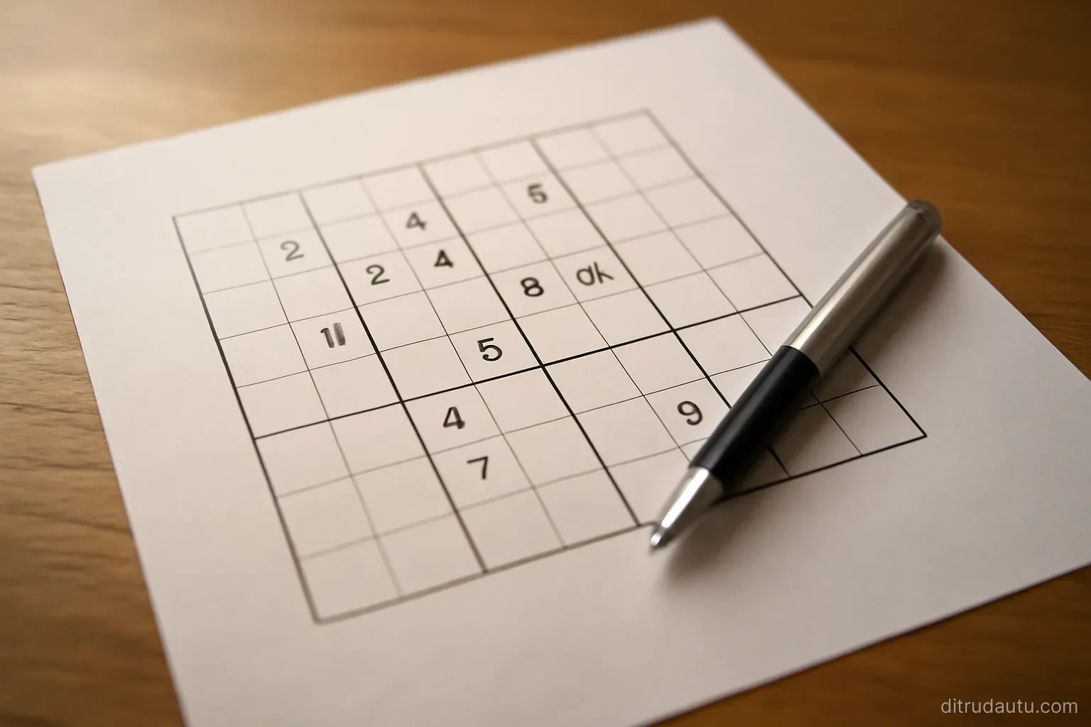 a large sheet of paper on a table with a partly filled grid, several cells left blank and a pen resting on it