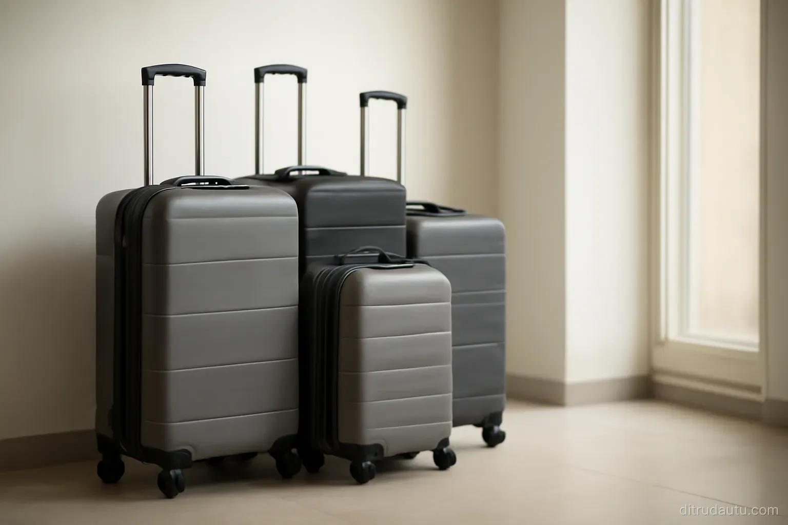 four suitcases of different sizes standing together in a bare hallway with one placed slightly apart from the rest