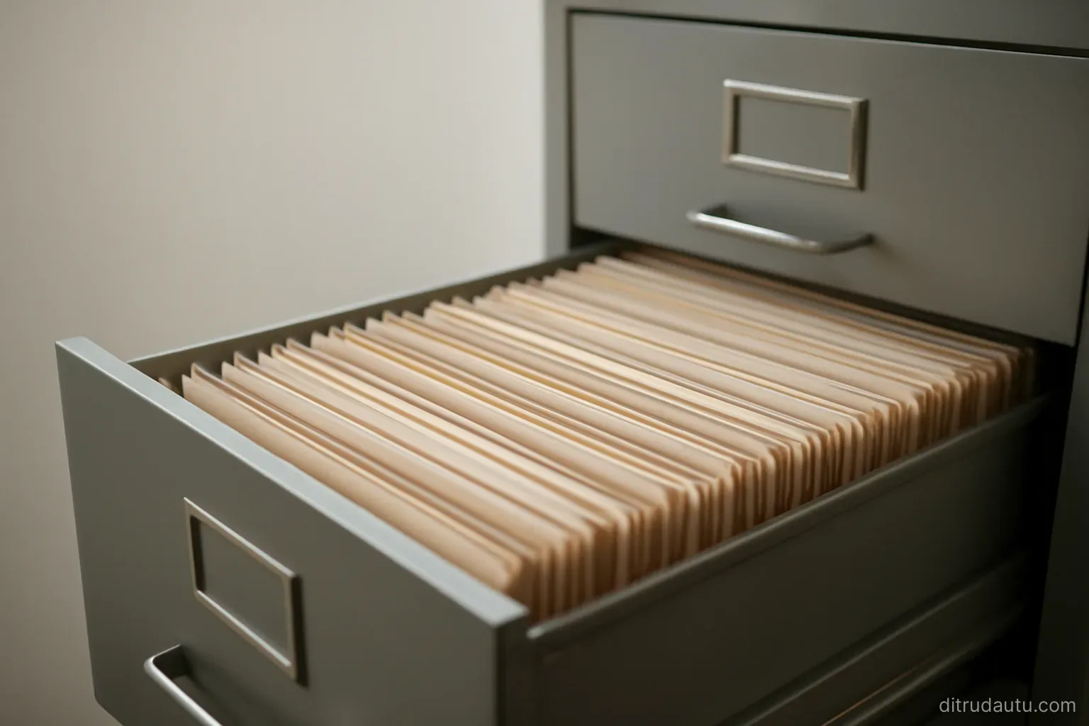 a metal filing cabinet drawer pulled fully open showing dense rows of unlabelled paper folders, plain office wall behind