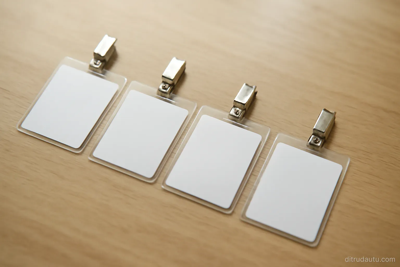 four blank name tags laid out in a row on a table, one slightly separated from the other three