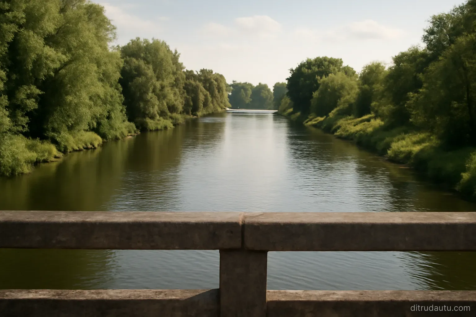 a river seen from a bridge with the water flowing from a distant bend, calm surface and green banks