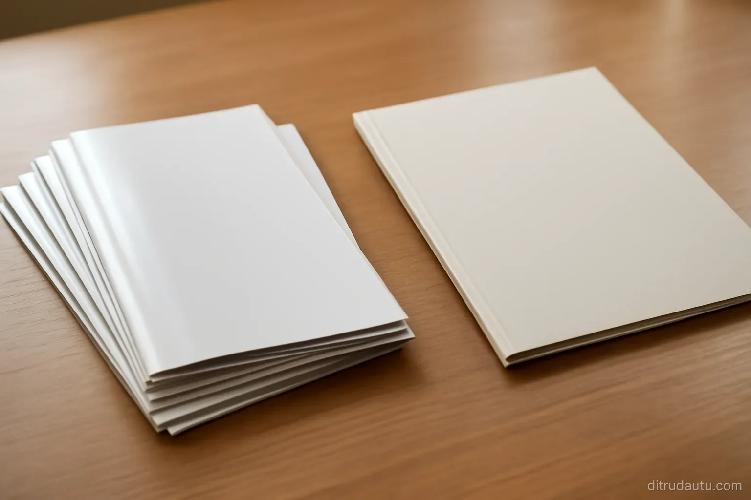 a stack of unmarked glossy brochures fanned across a desk beside a single closed official looking folder