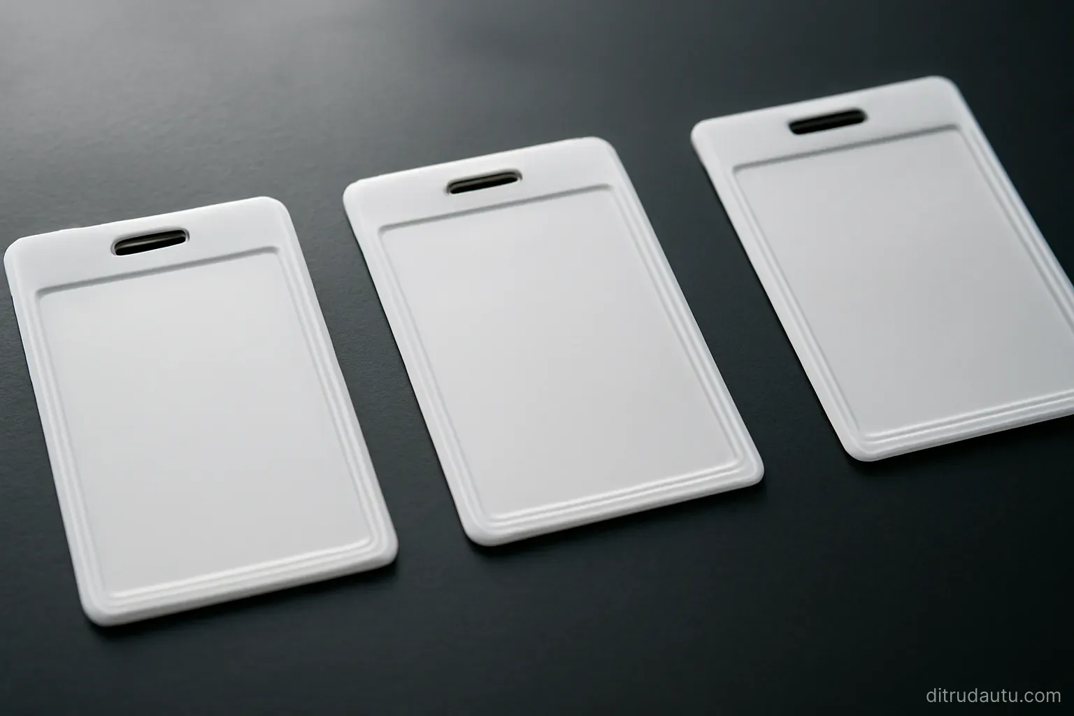 a row of blank identity document holders laid out flat on a dark desk surface under even light