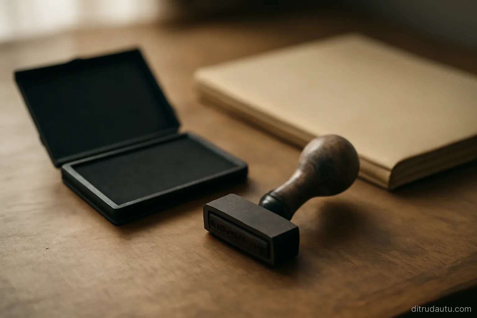 a dated rubber stamp resting beside an open ink pad on a desk next to a closed document wallet