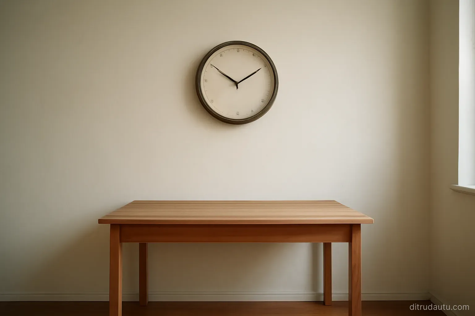 a round wall clock with its hands removed hanging above an empty wooden desk in a bare room