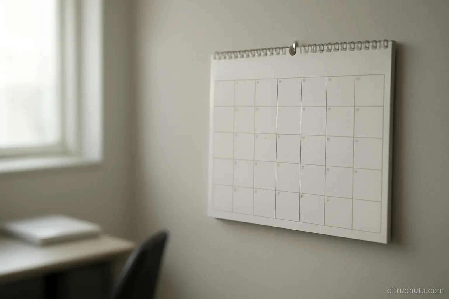a wall calendar hanging in a plain office with small pencil marks on scattered days and no visible writing