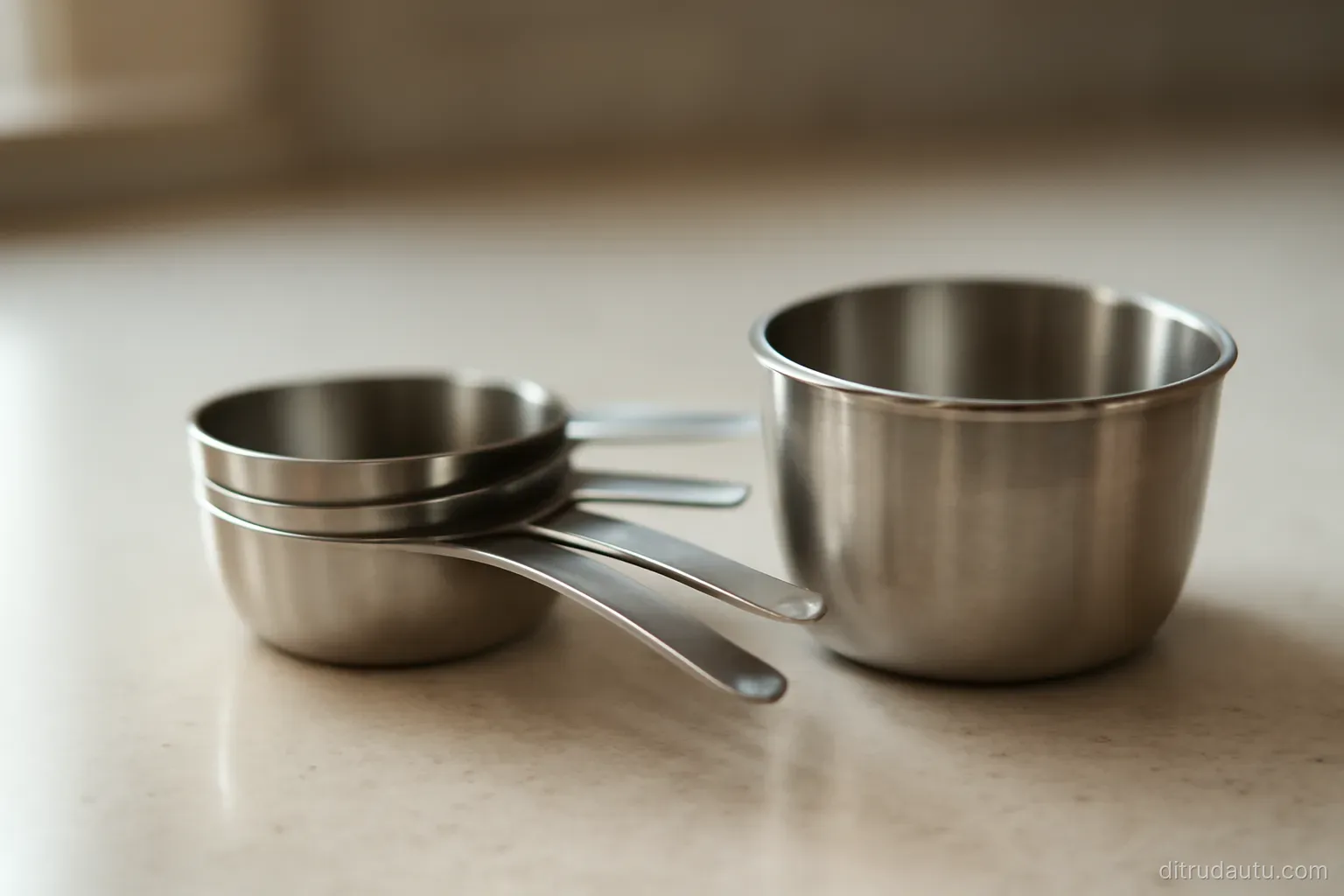 a set of nested measuring cups arranged in a row on a countertop, the largest one standing apart from the rest