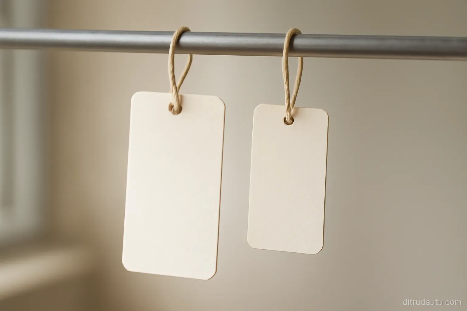 two price tags of different sizes hanging from a rail with their printed faces turned away from view