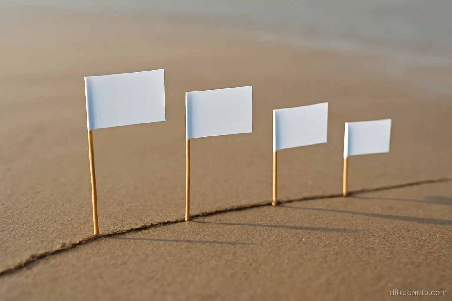 four small paper flags of different heights planted in a row along a line drawn in smooth wet sand