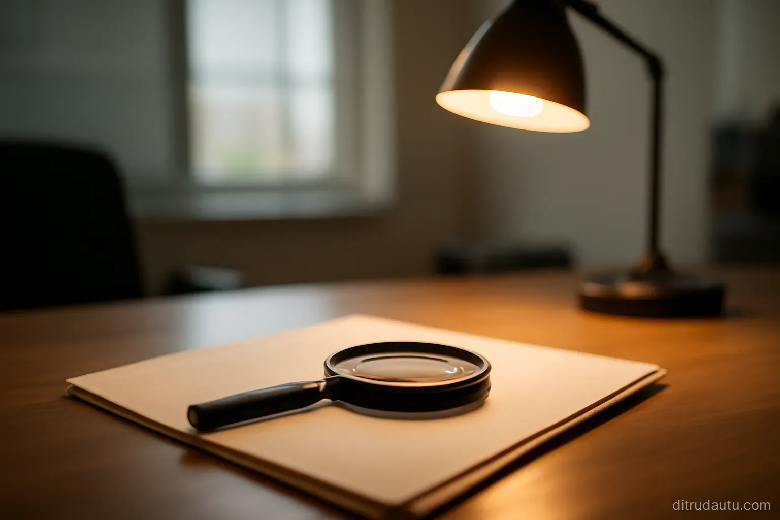 a magnifying glass lying on a closed folder on a desk beside a lamp turned on, quiet office setting