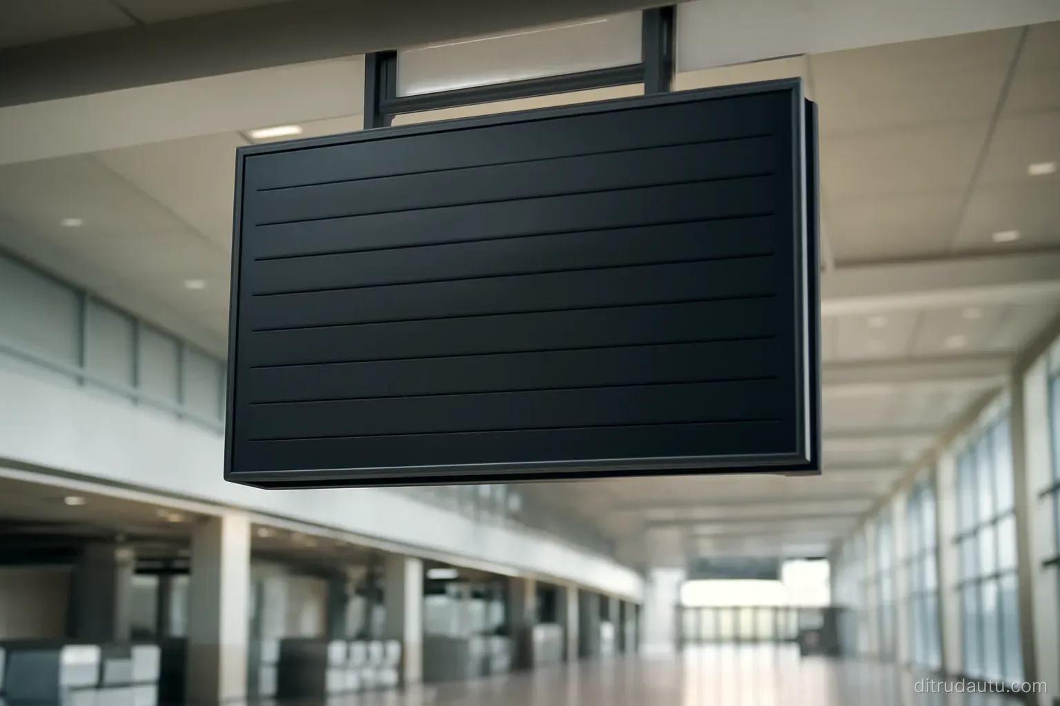 an airport departure board frame with all rows blank, seen from below in a quiet terminal hall