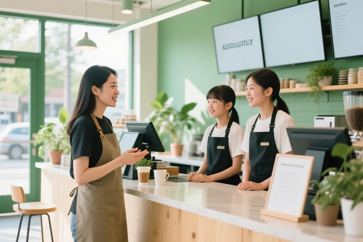 Asian woman owner in an apron chatting with two young staff behind the counter of a bright modern coffee shop in Seattle with plants and pale wood, medium shot, green and cream tones