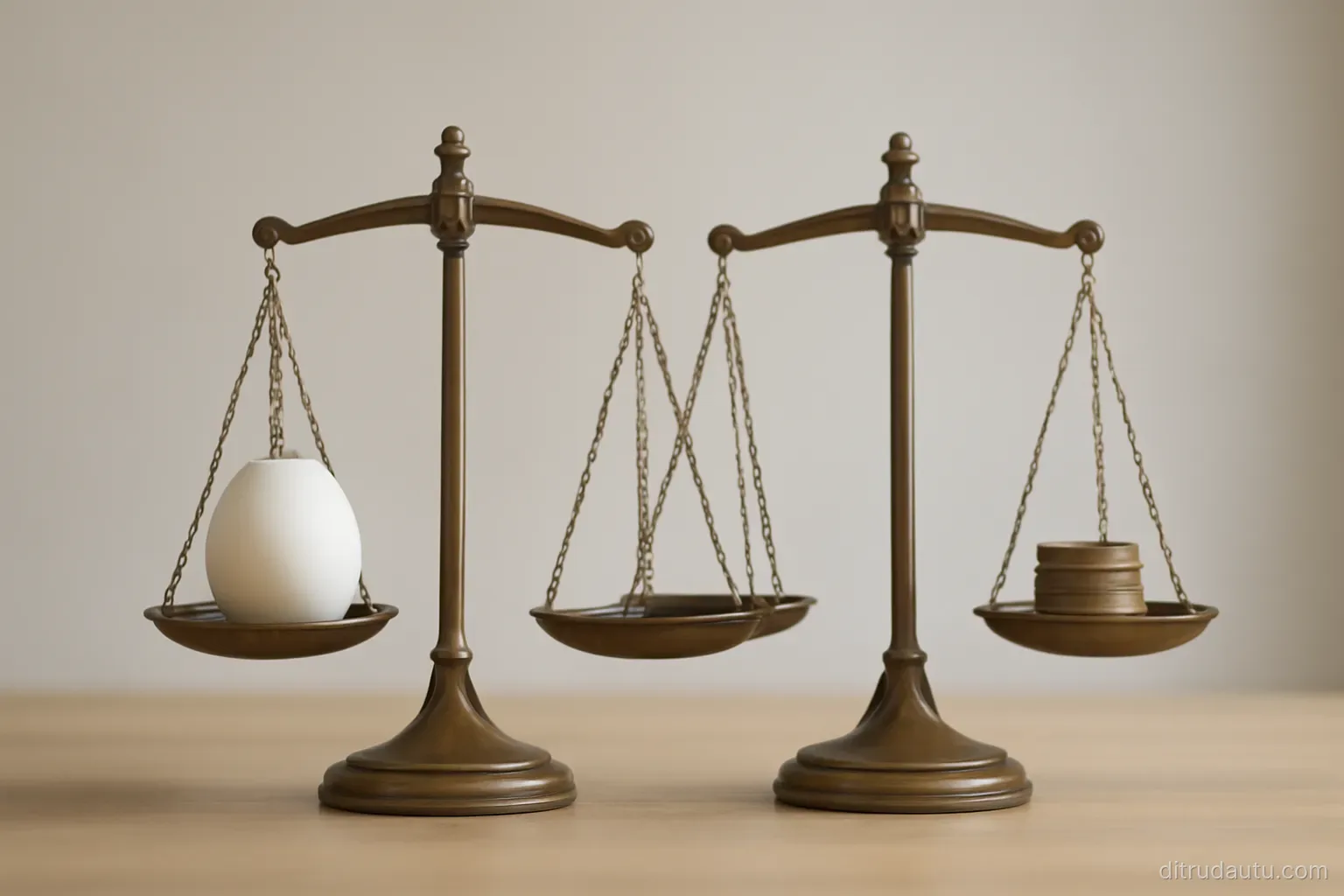two identical scales standing side by side on a table with different objects balanced on each, plain background
