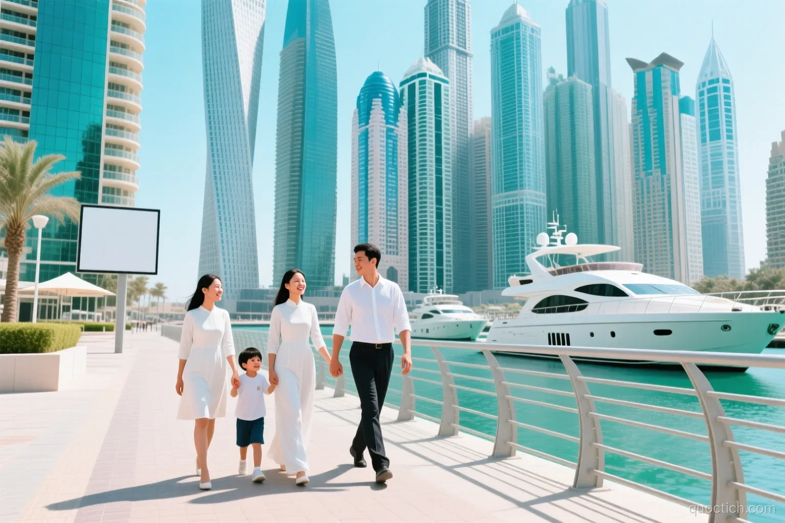 Vietnamese family of four walking along the sunny Dubai Marina promenade with glass towers and white yachts behind them, wide shot, turquoise and white tones, midday light
